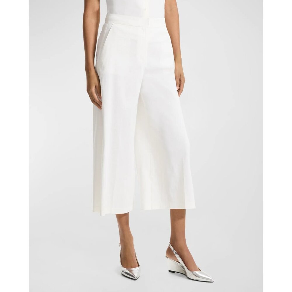 Theory Women's Wide Leg Clean Terena Linen Pants Cropped Hem White SZ 4 NEW $275